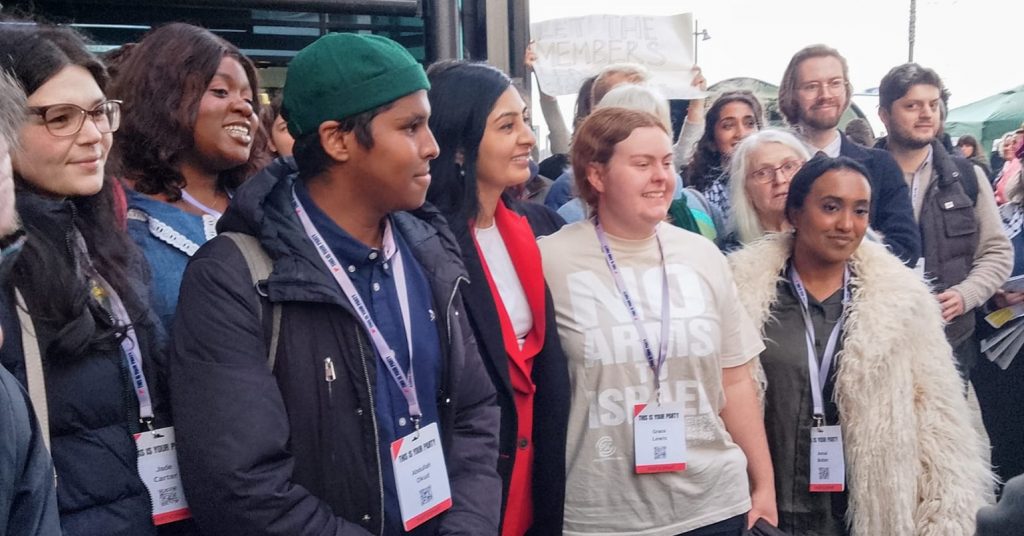 Zarah Sultana and a group of Your Party members outside Your Party Conference in Liverpool