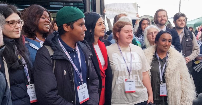 Zarah Sultana and a group of Your Party members outside Your Party Conference in Liverpool