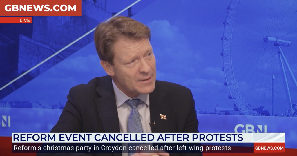 Richard Tice says Reform will sue the venue for cancelling their Christmas fundraiser dinner