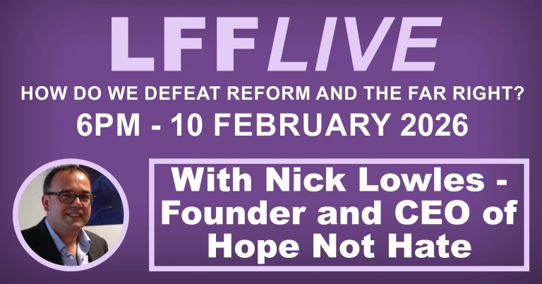 A graphic advertising the LFF with Nick Lowles on February 10 at 6pm