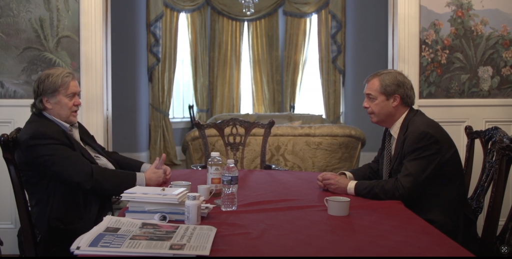 Steve Bannon and Nigel Farage speaking about him fronting a far-right European group in 2017