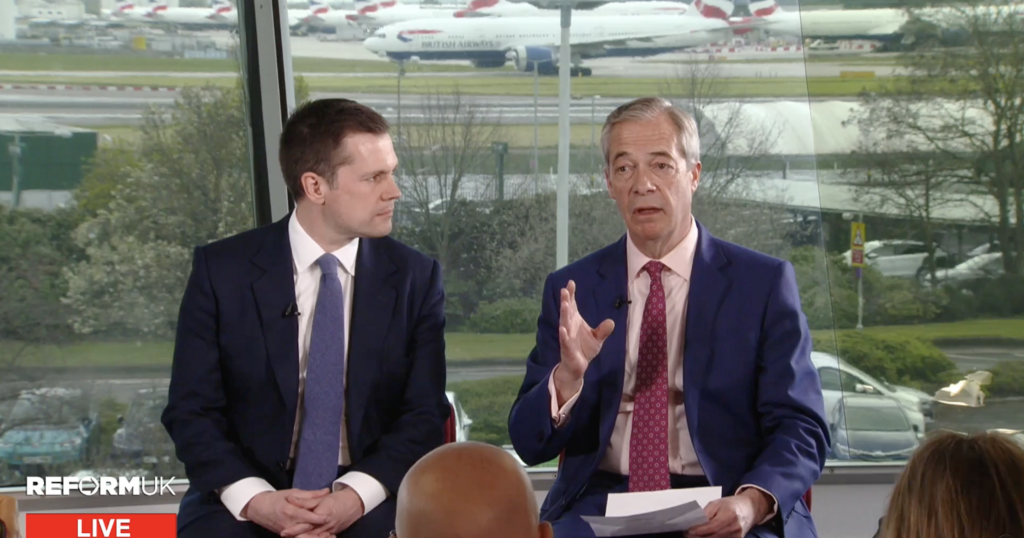 Nigel Farage and Robert Jenrick at a Reform press conference today