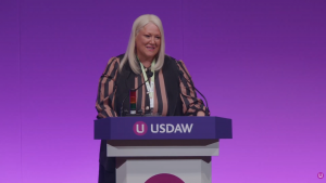 USDAW general secretary Joanne Thomas speaking at the union's delegate conference