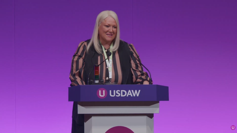 USDAW general secretary Joanne Thomas speaking at the union's delegate conference