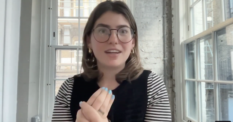 An image of Agustina Oliveri from the Good Law Project speaking about donations to Reform