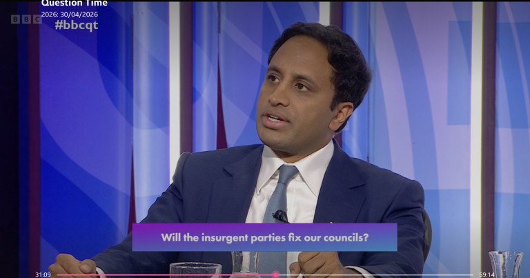 Zia Yusuf speaks on episode of BBC Question Time. The subject of the discussion is 'Will insurgent parties fix our councils?'.