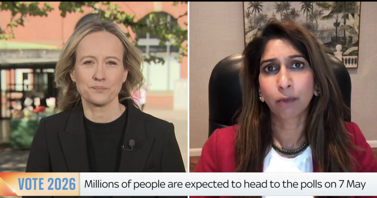 Sky News journalist Sophy Ridge is pictured on the left and Suella Braverman is pictured on the right speaking about the £5 million donation Farage received from Christopher Harborne, but did not declare