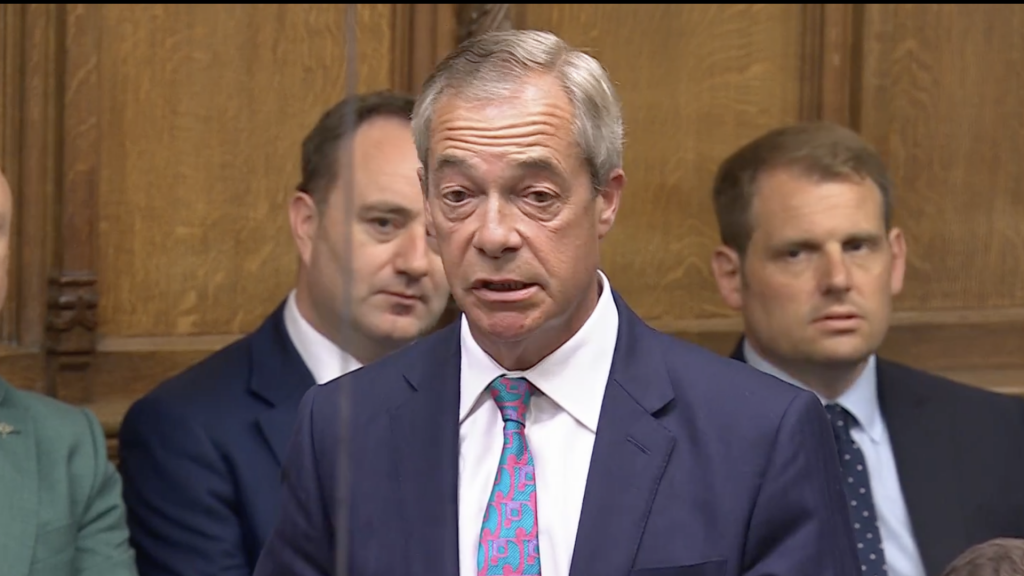 A photo of Nigel Farage speaking at PMQs