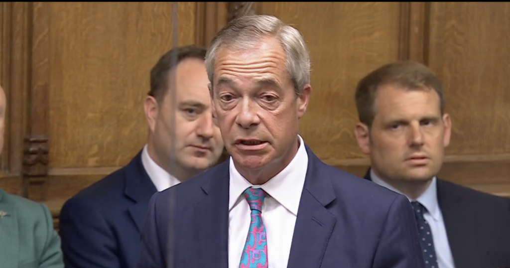 A photo of Nigel Farage speaking at PMQs