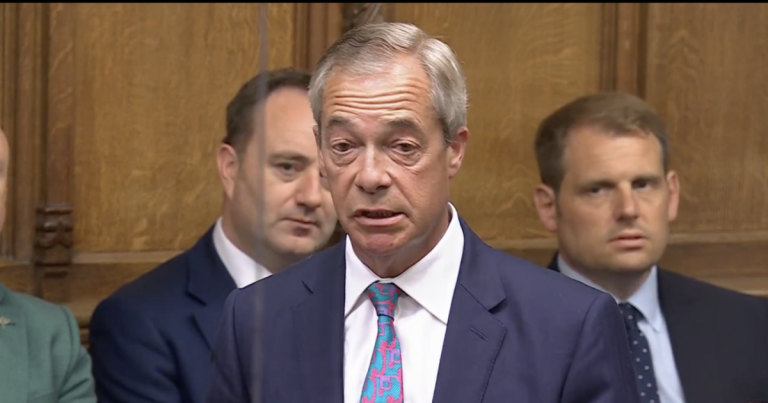 A photo of Nigel Farage speaking at PMQs