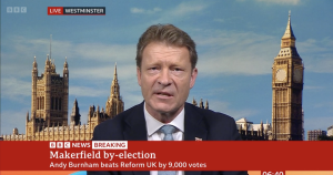 A picture of Richard Tice speaking about the Makerfield by-election