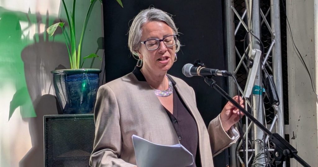 A photo of Geraldine Coggins, the Greens' Manchester mayoral candidate speaking at her manifesto launch
