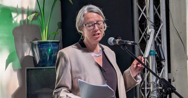 A photo of Geraldine Coggins, the Greens' Manchester mayoral candidate speaking at her manifesto launch