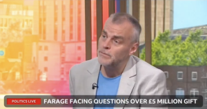 A photo of Tim Montgomerie speaking to the BBC about Farage's £5 million gift