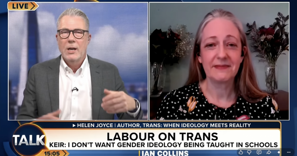 A photo of TalkTV's Ian Collins and guest Helen Joyce