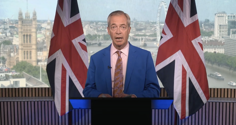 A photo of Nigel Farage making a speech to announce his resignation as an MP