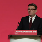 A photo of Andy Burnham making his first speech as Labour leader