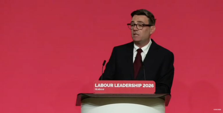 A photo of Andy Burnham making his first speech as Labour leader