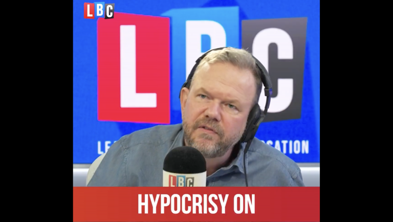 A photo of James O'Brien talking about Reform's row with Zack Polanski