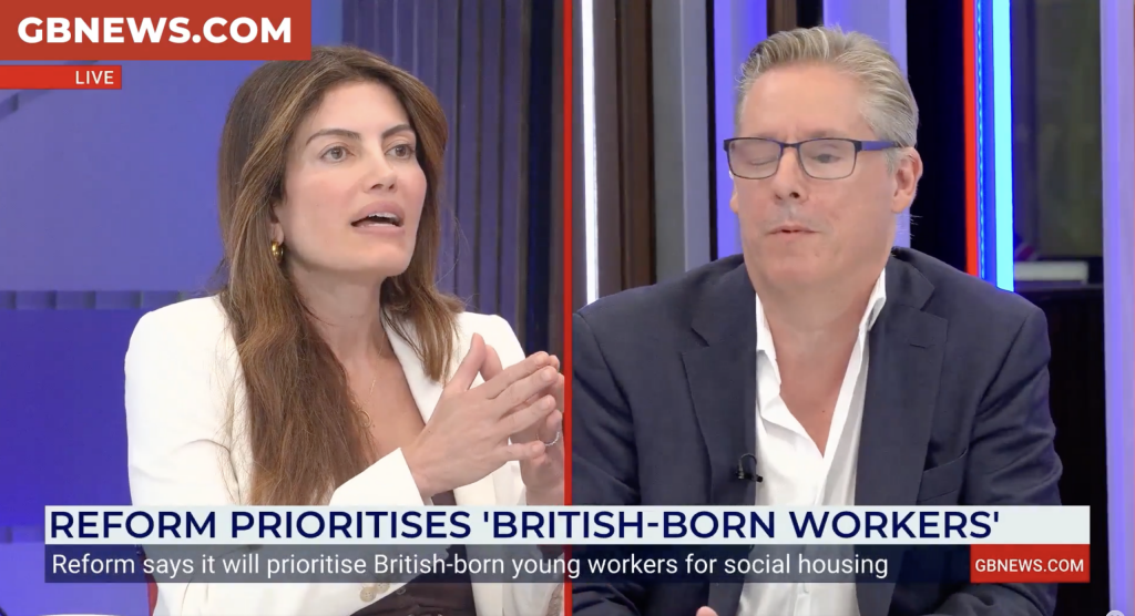 A photo of Reform's Laila Cunningham and Daily Mail columnist Dan Hodges speaking on GB News