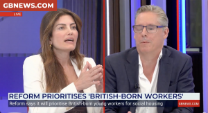 A photo of Reform's Laila Cunningham and Daily Mail columnist Dan Hodges speaking on GB News