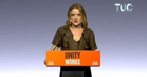 Jo Grady speaking at TUC Congress on the motion on defence spending