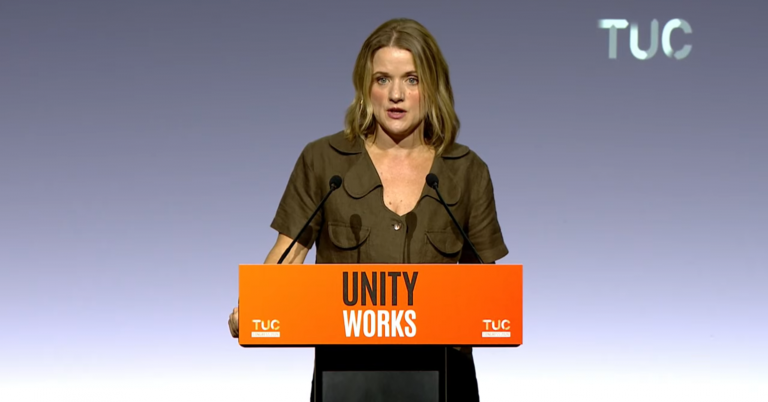 Jo Grady speaking at TUC Congress on the motion on defence spending