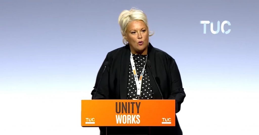 Usdaw general secretary Joanne Thomas speaking in a debate on the far right's weaponisation of women's safety at TUC Congress