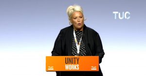 Usdaw general secretary Joanne Thomas speaking in a debate on the far right's weaponisation of women's safety at TUC Congress