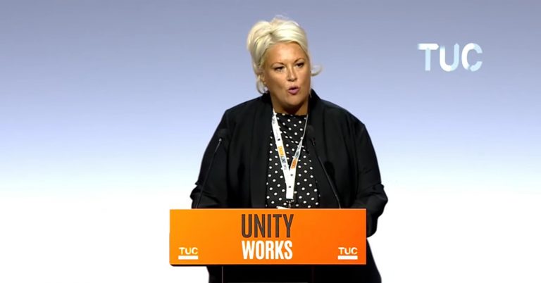 Usdaw general secretary Joanne Thomas speaking in a debate on the far right's weaponisation of women's safety at TUC Congress