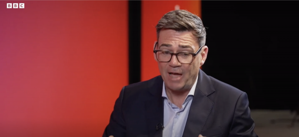 A photo of Andy Burnham talking to the BBC about Brexit