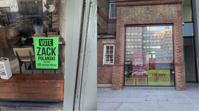 A photo of Labour and Green Party campaign posters in Holborn and St Pancras
