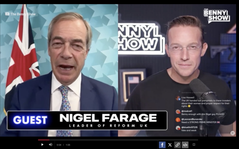 A photo of Nigel Farage on Benny Johnson's podcast