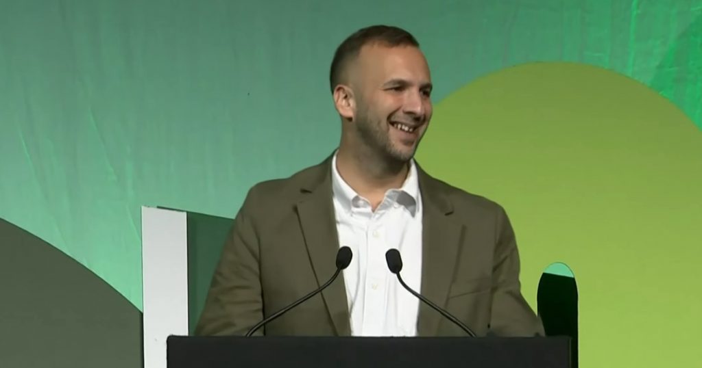 Green Party leader Zack Polanski speaking at Green Party conference